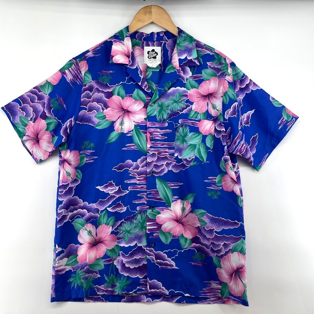 VTG‎ Hilo Hattie Men Large Purple Floral Button Up Hawaiian Shirt 80s Hibiscus
